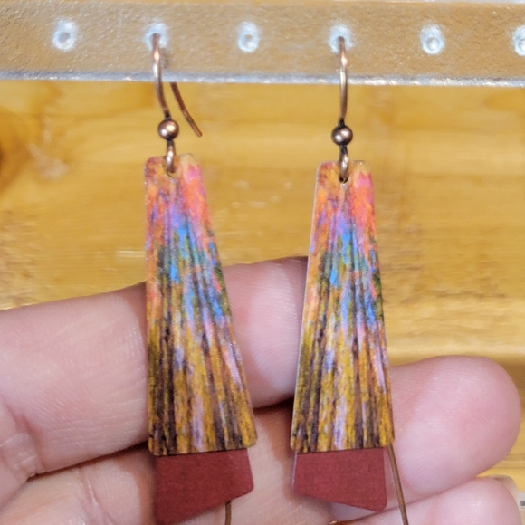 DC Designs NWT Handcrafted Copper Earrings Pierced Autumn Red Trees Nature Print - Picture 6 of 8
